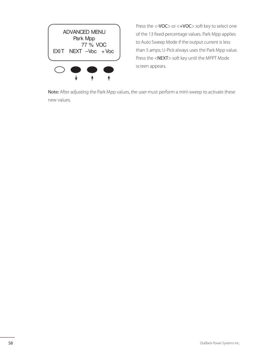 Outback Power Systems MX60 user manual Park Mpp 77 % VOC Exit Next -Voc +Voc 