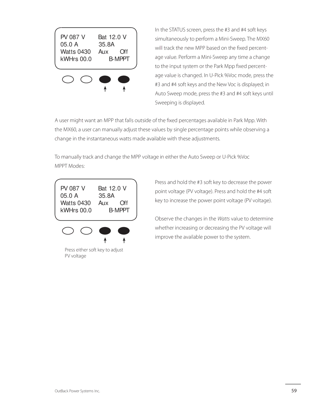 Outback Power Systems MX60 user manual PV 087 Bat 12.0 05.0 a 35.8A Watts, Off 