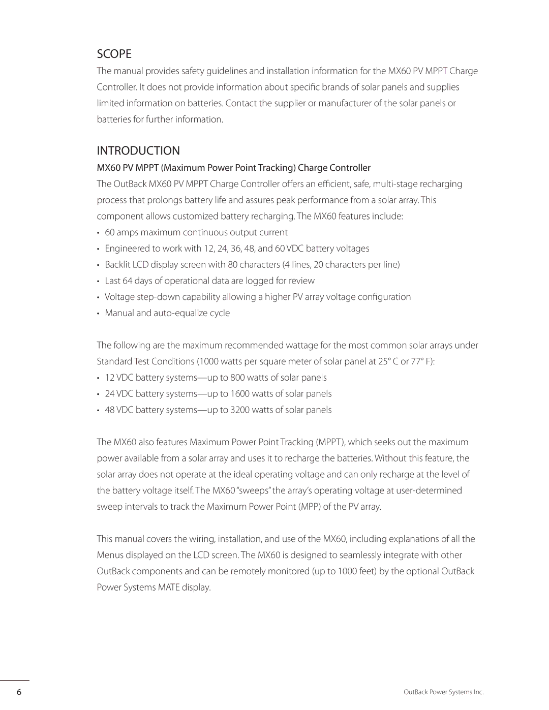 Outback Power Systems user manual Scope, Introduction, MX60 PV Mppt Maximum Power Point Tracking Charge Controller 