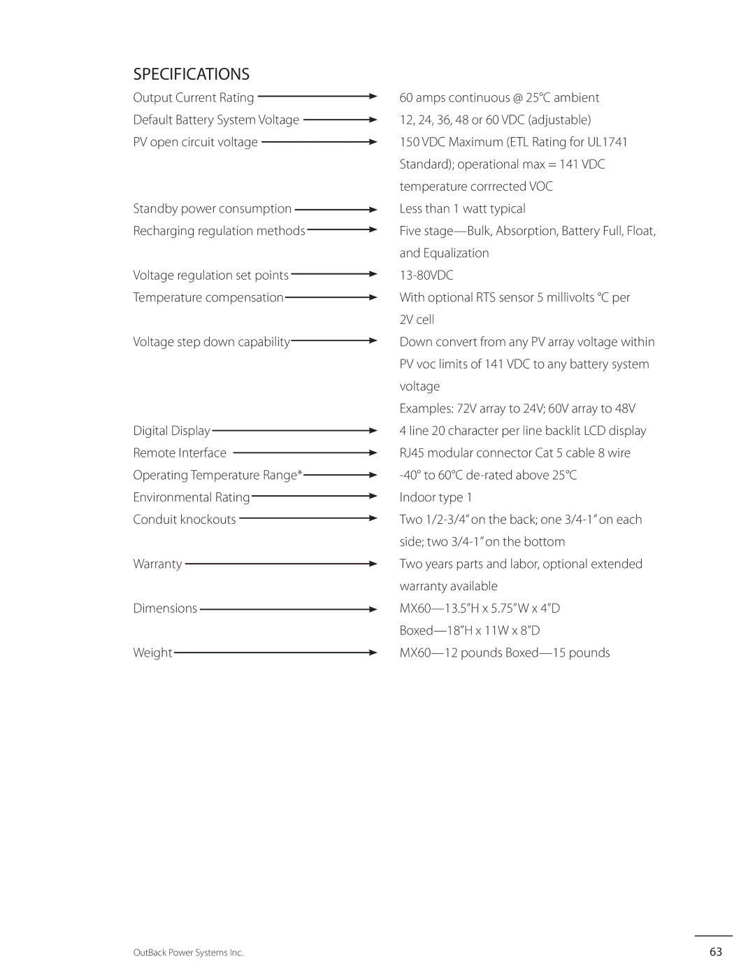 Outback Power Systems MX60 user manual Specifications, Voltage step down capability, Warranty Dimensions Weight 