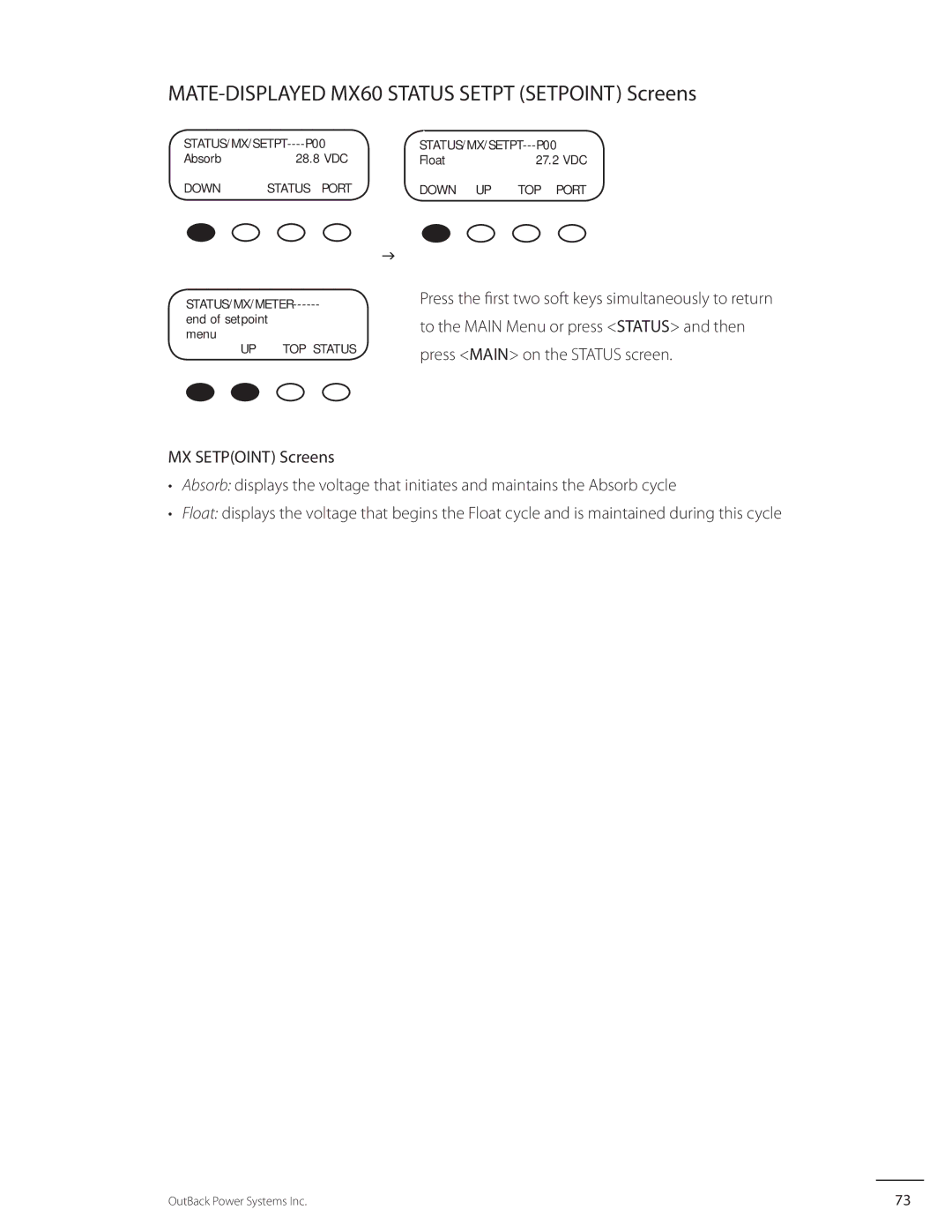 Outback Power Systems user manual MATE-DISPLAYED MX60 Status Setpt Setpoint Screens 