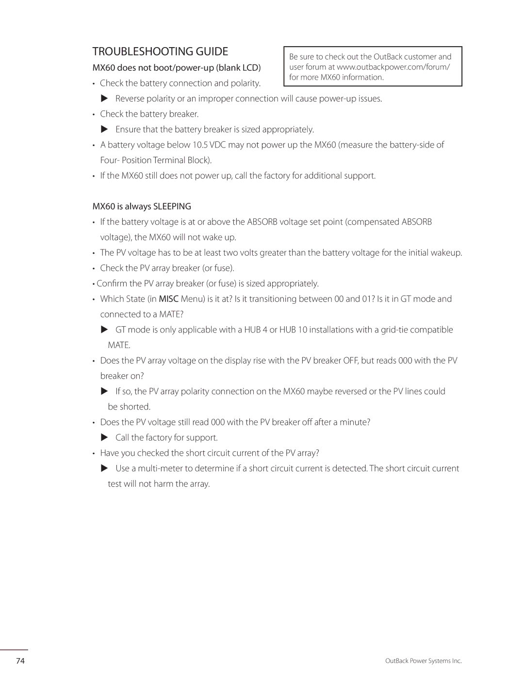 Outback Power Systems MX60 user manual Troubleshooting Guide 