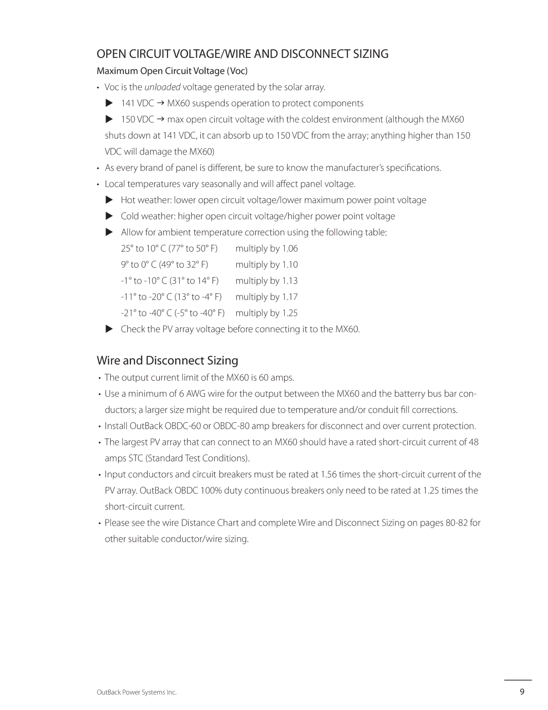 Outback Power Systems MX60 Open Circuit VOLTAGE/WIRE and Disconnect Sizing, Wire and Disconnect Sizing, To 0 C 49 to 32 F 