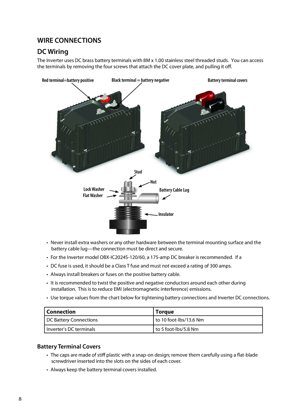 Outback Power Systems OBX-IC2024S-120/60 owner manual Wire Connections, DC Wiring, Connection Torque 