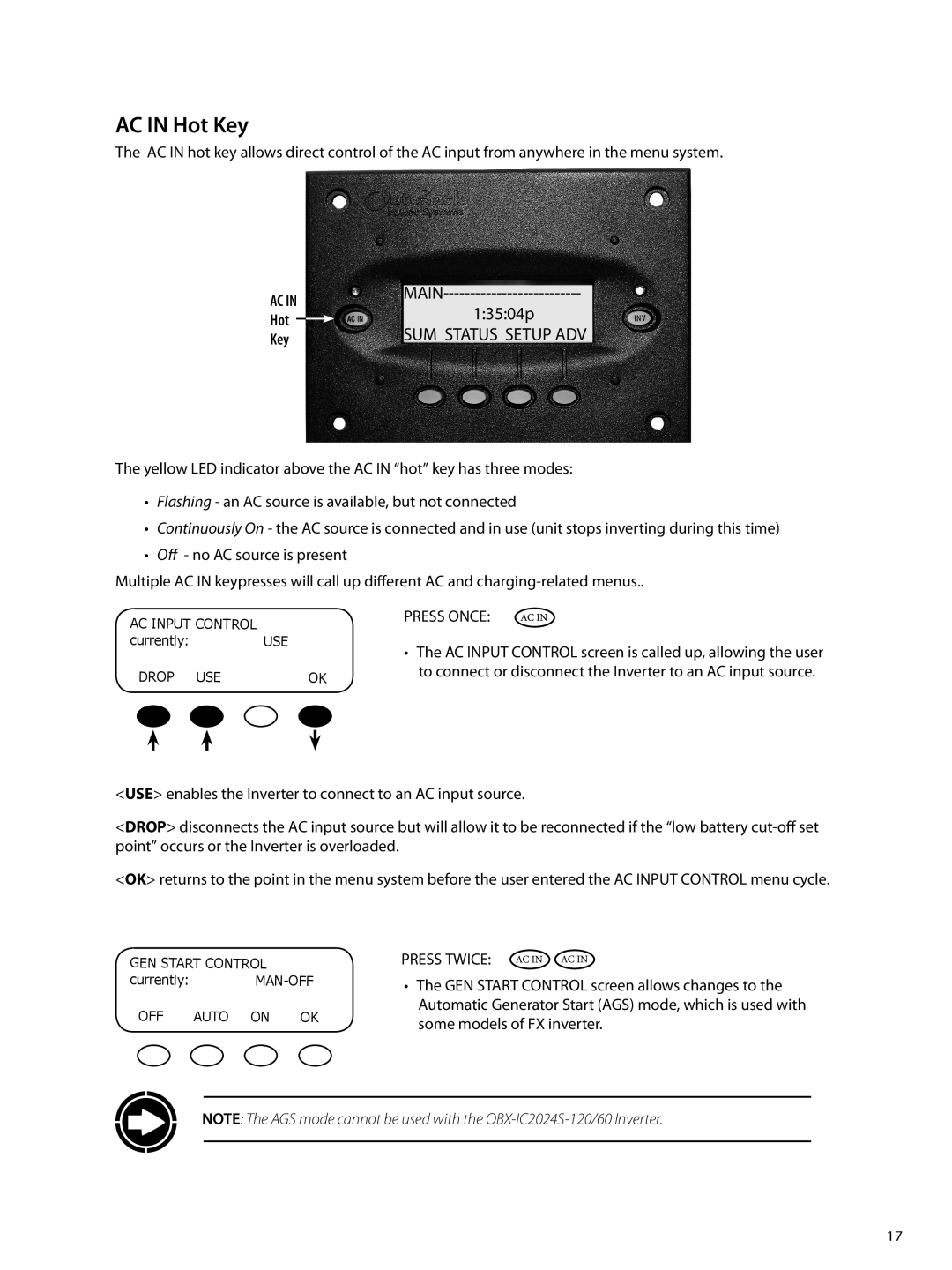 Outback Power Systems OBX-IC2024S-120/60 owner manual AC in Hot Key 