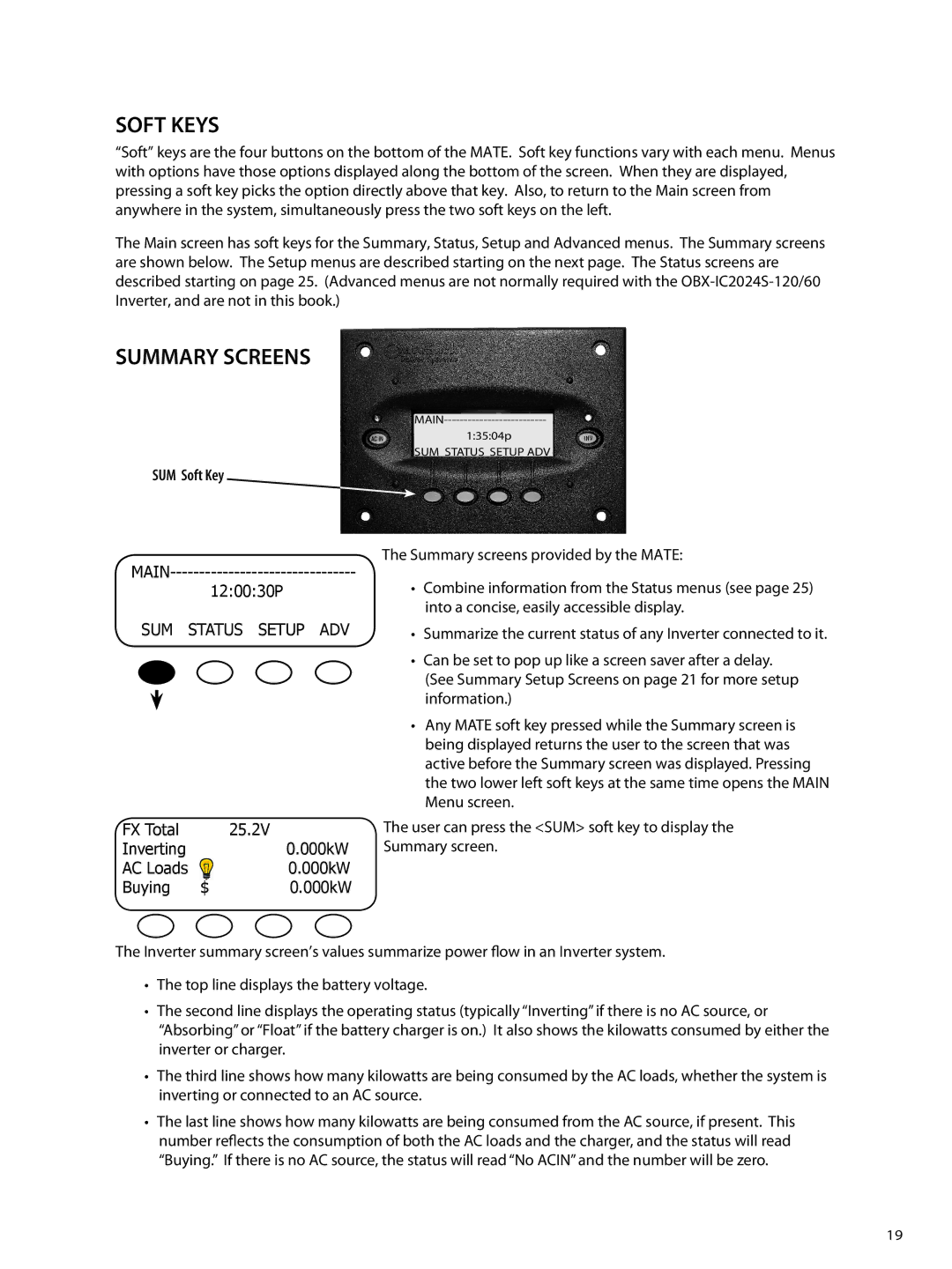 Outback Power Systems OBX-IC2024S-120/60 owner manual Soft Keys, Summary Screens, SUM Status Setup ADV 