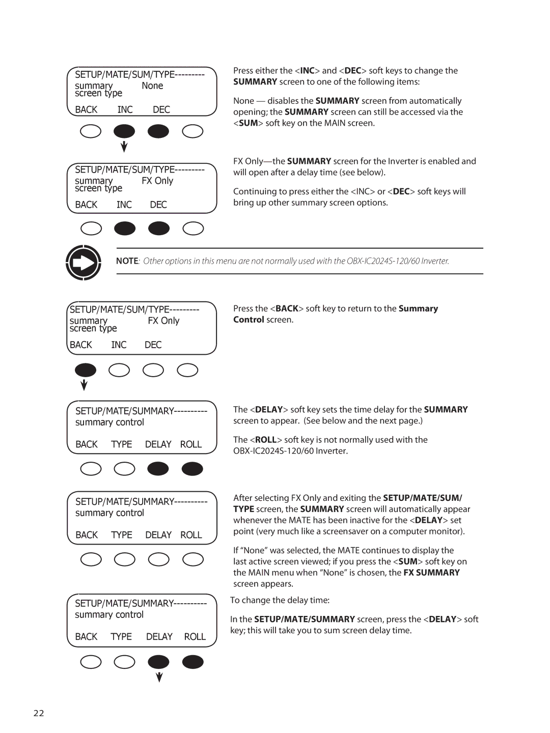 Outback Power Systems OBX-IC2024S-120/60 owner manual Setup/Mate/Sum/Type, Back INC DEC SETUP/MATE/SUM/TYPE 