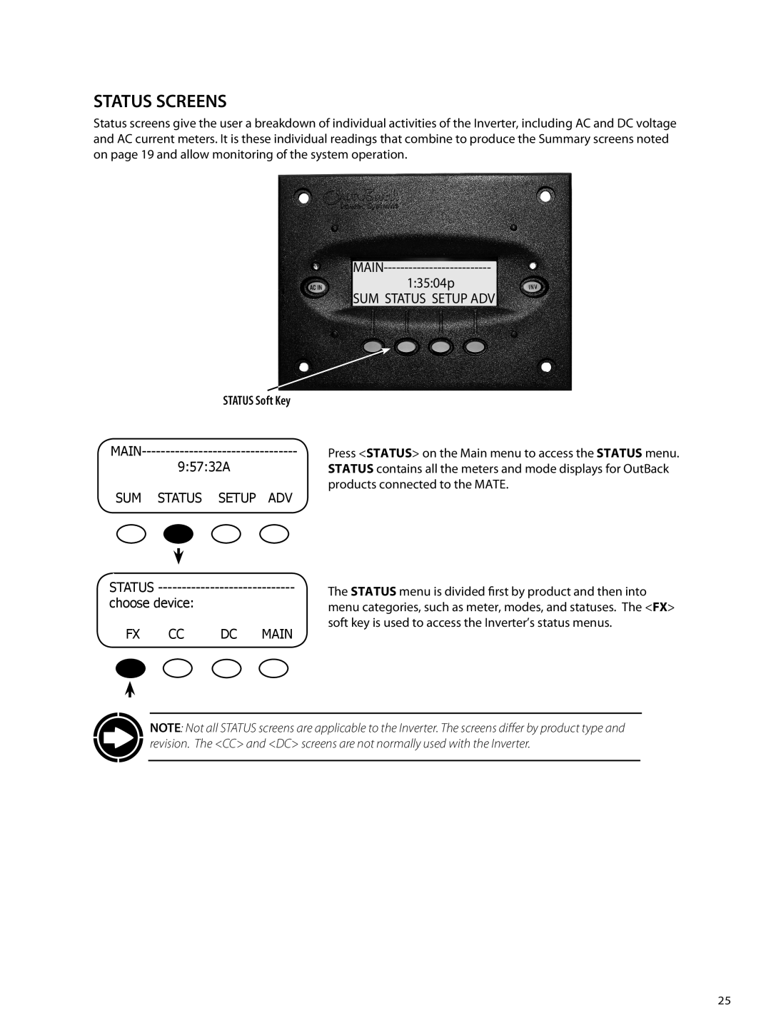 Outback Power Systems OBX-IC2024S-120/60 owner manual Status Screens, FX CC DC Main 