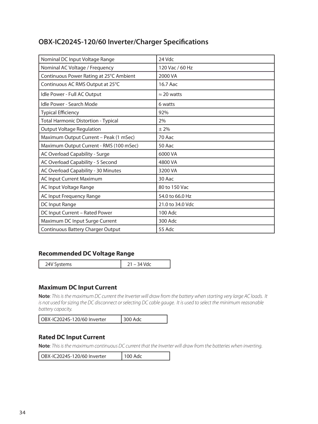 Outback Power Systems owner manual OBX-IC2024S-120/60 Inverter/Charger Specifications 