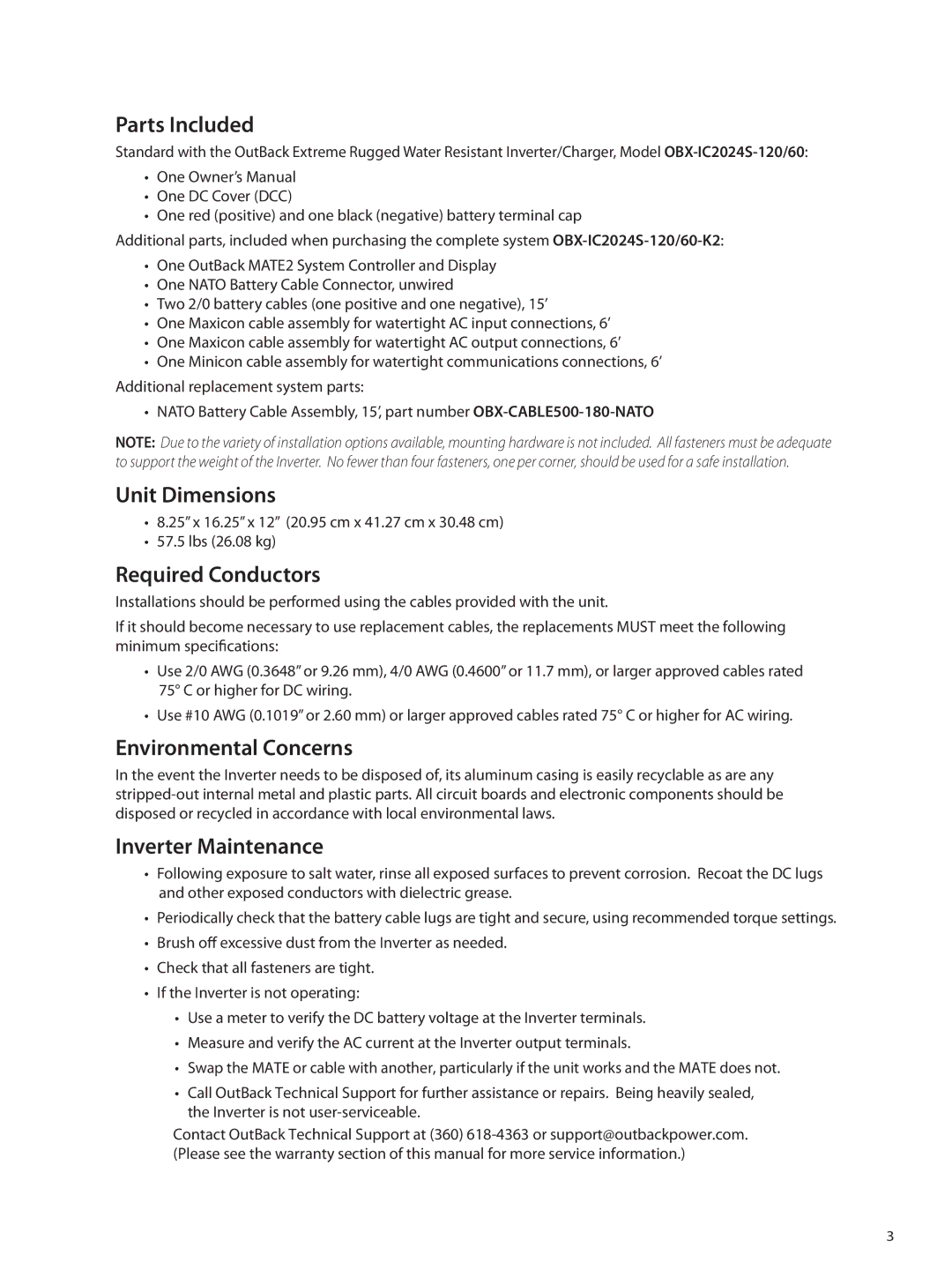 Outback Power Systems OBX-IC2024S-120/60 Parts Included, Unit Dimensions, Required Conductors, Environmental Concerns 