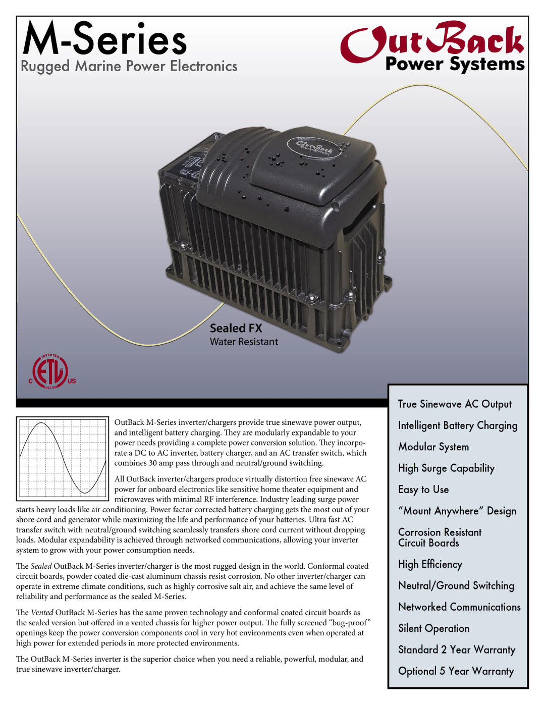 Outback Power Systems Sealed FX warranty Water Resistant, Mount Anywhere Design 