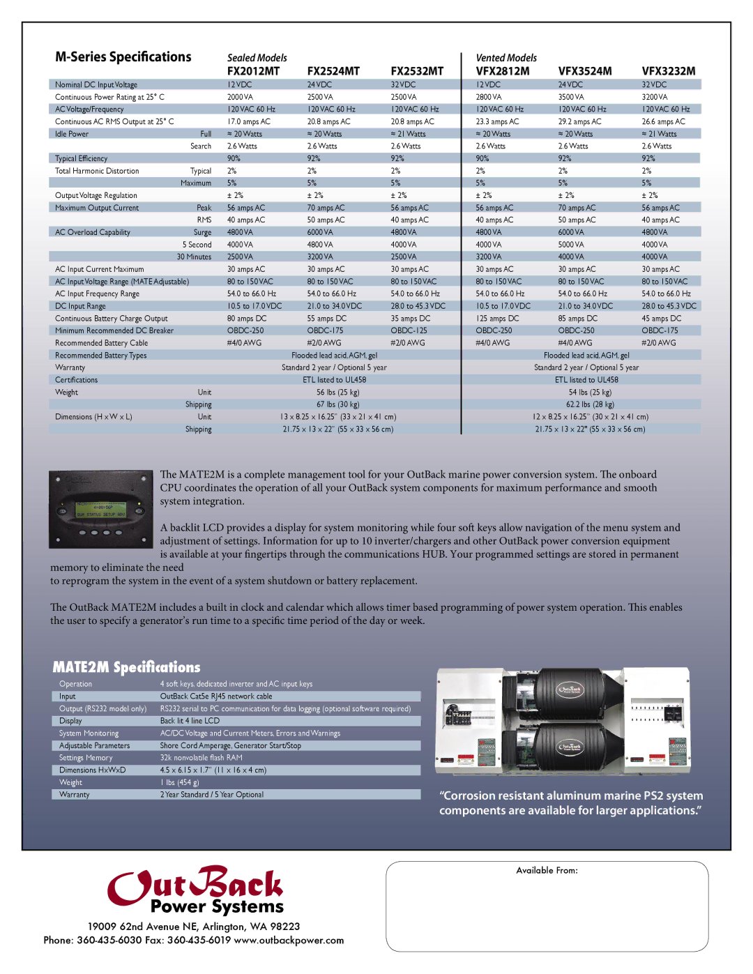 Outback Power Systems Sealed FX warranty FX2524MT, VFX3524M 