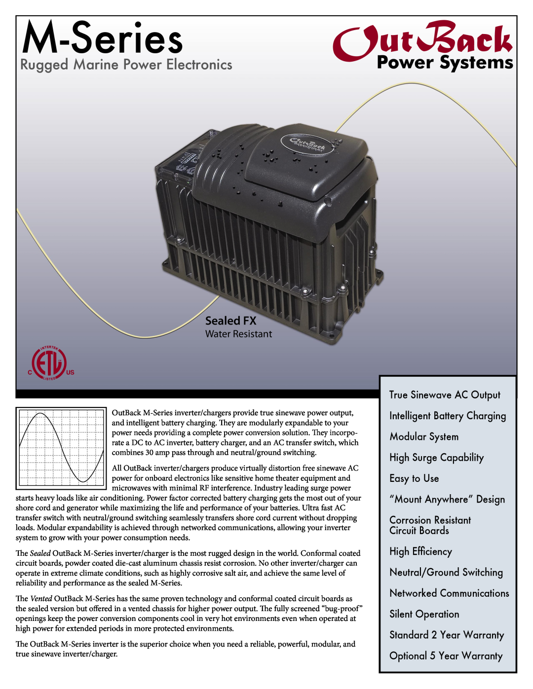 Outback Power Systems Sealed FX warranty M-Series, Rugged Marine Power Electronics, Water Resistant 