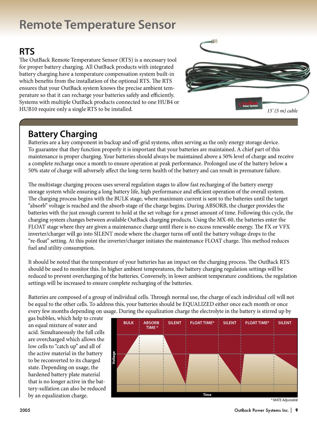 Outback Power Systems Systems manual Remote Temperature Sensor, Rts, Battery Charging 