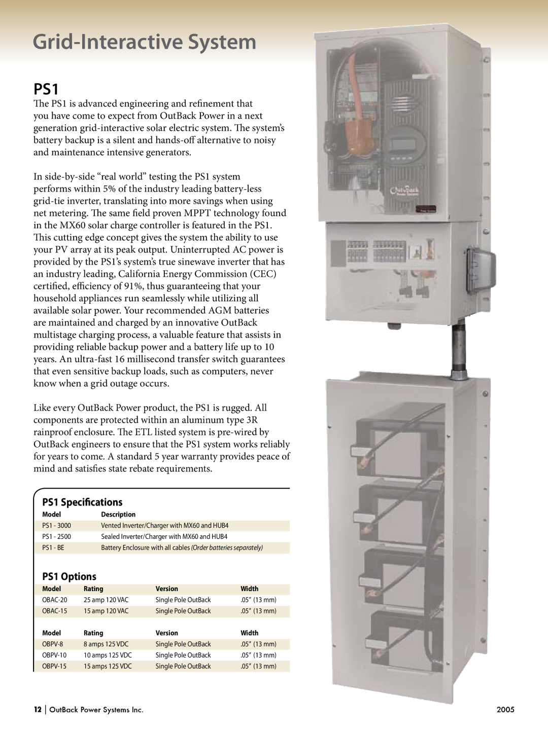 Outback Power Systems Systems manual Grid-Interactive System, PS1 Speciﬁcations, PS1 Options 