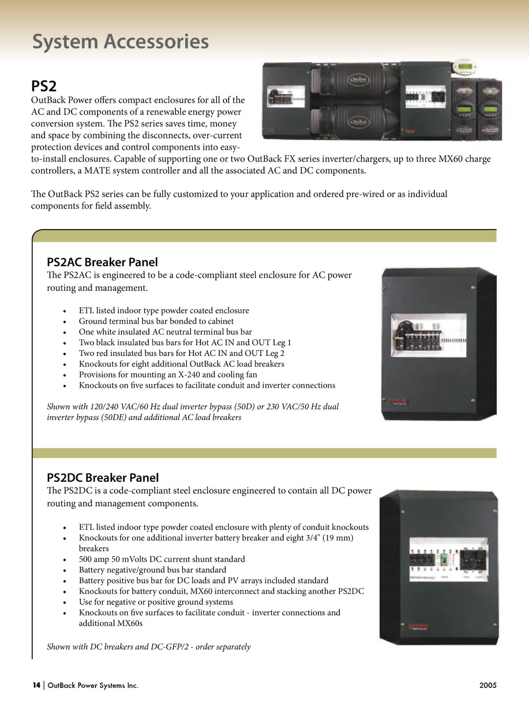 Outback Power Systems Systems manual System Accessories, PS2AC Breaker Panel, PS2DC Breaker Panel 