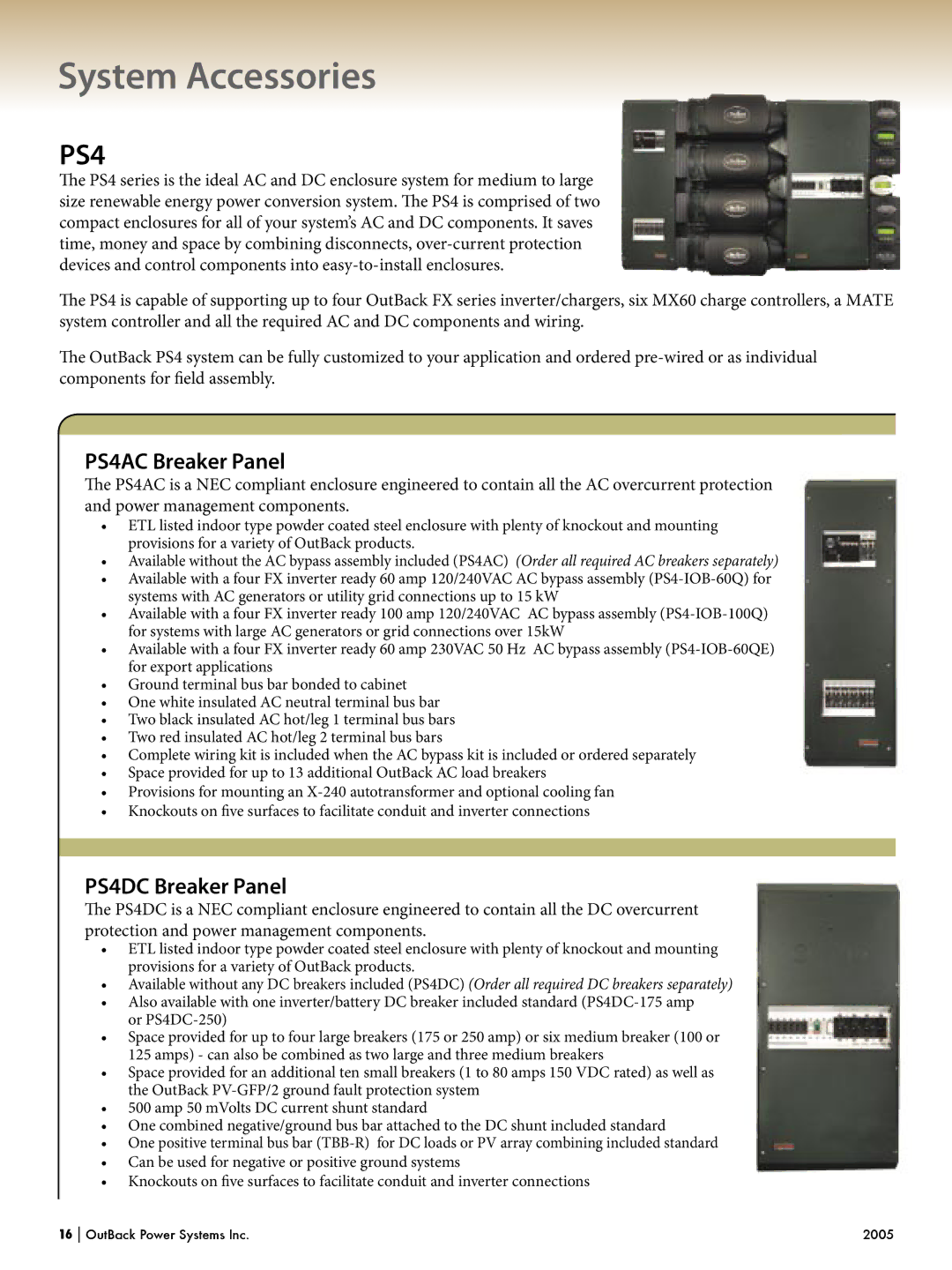 Outback Power Systems Systems manual PS4AC Breaker Panel, PS4DC Breaker Panel 