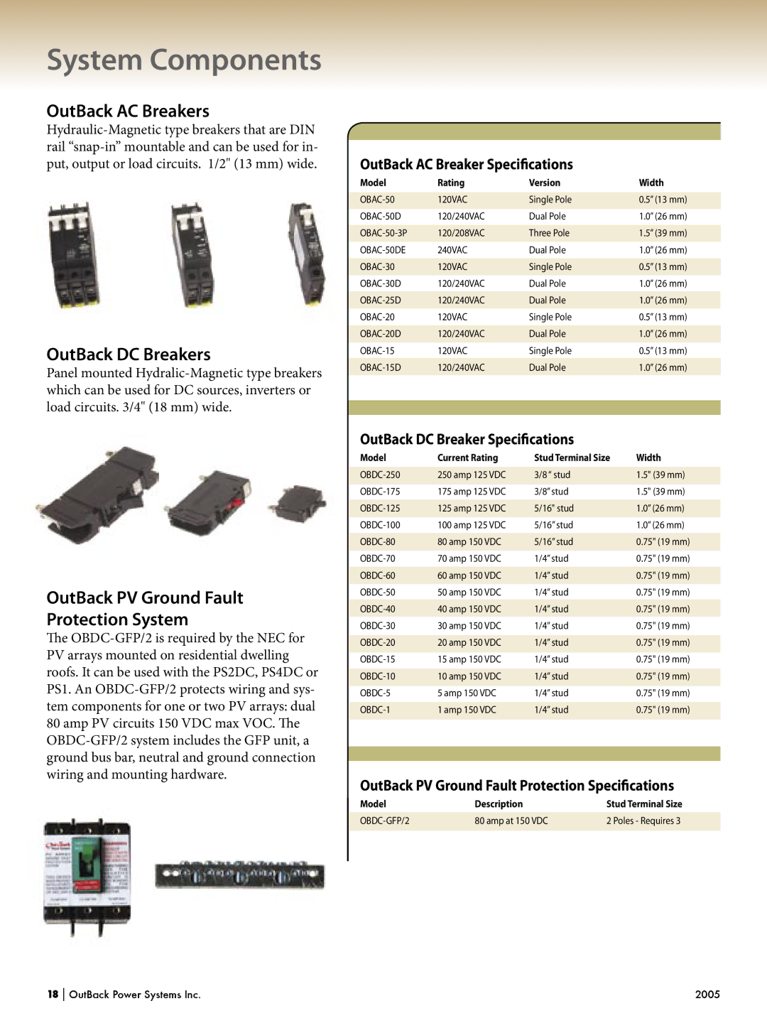 Outback Power Systems Systems manual System Components, OutBack AC Breakers, OutBack DC Breakers 