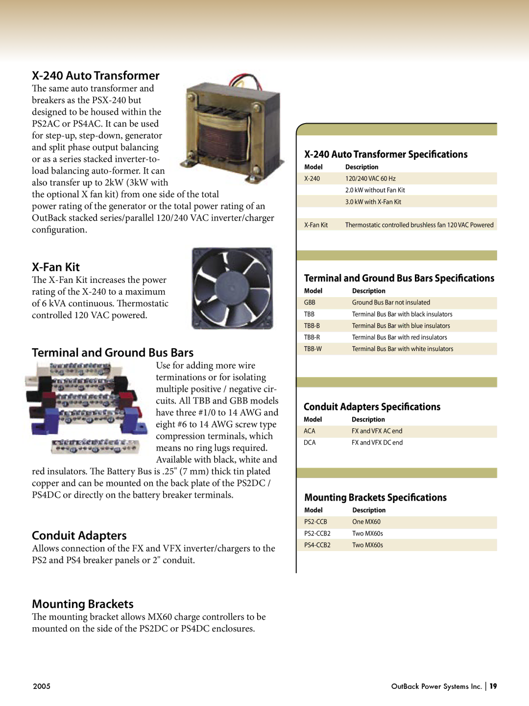 Outback Power Systems Systems Auto Transformer, Fan Kit, Terminal and Ground Bus Bars, Conduit Adapters, Mounting Brackets 