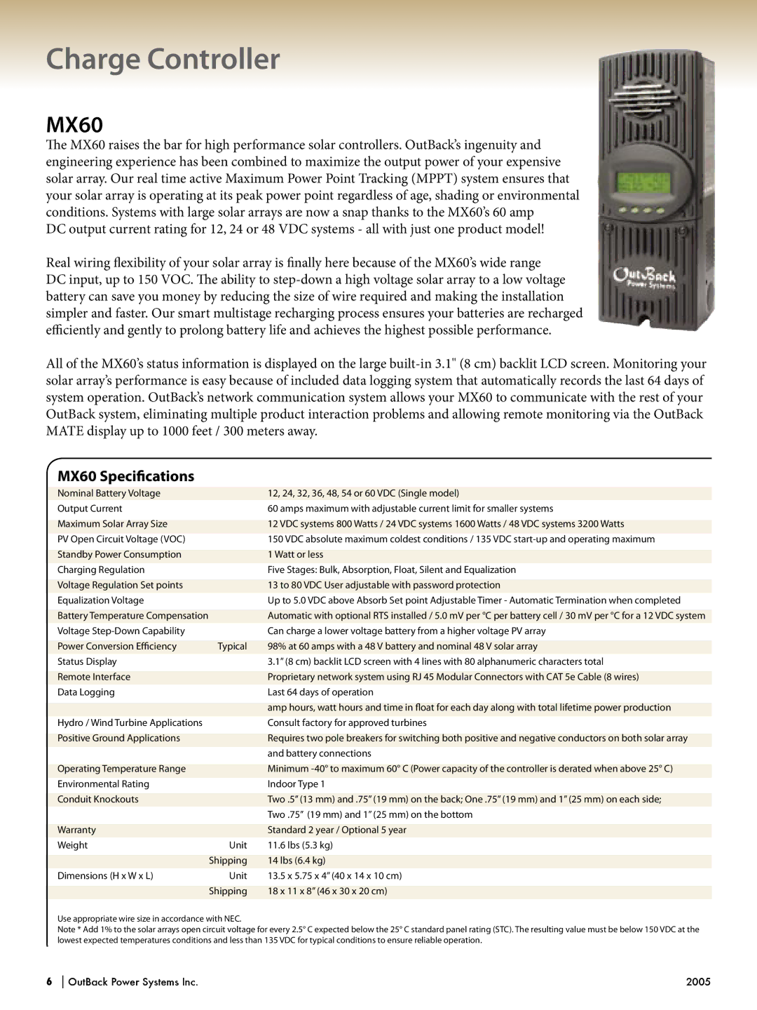 Outback Power Systems Systems manual Charge Controller, MX60 Speciﬁcations 