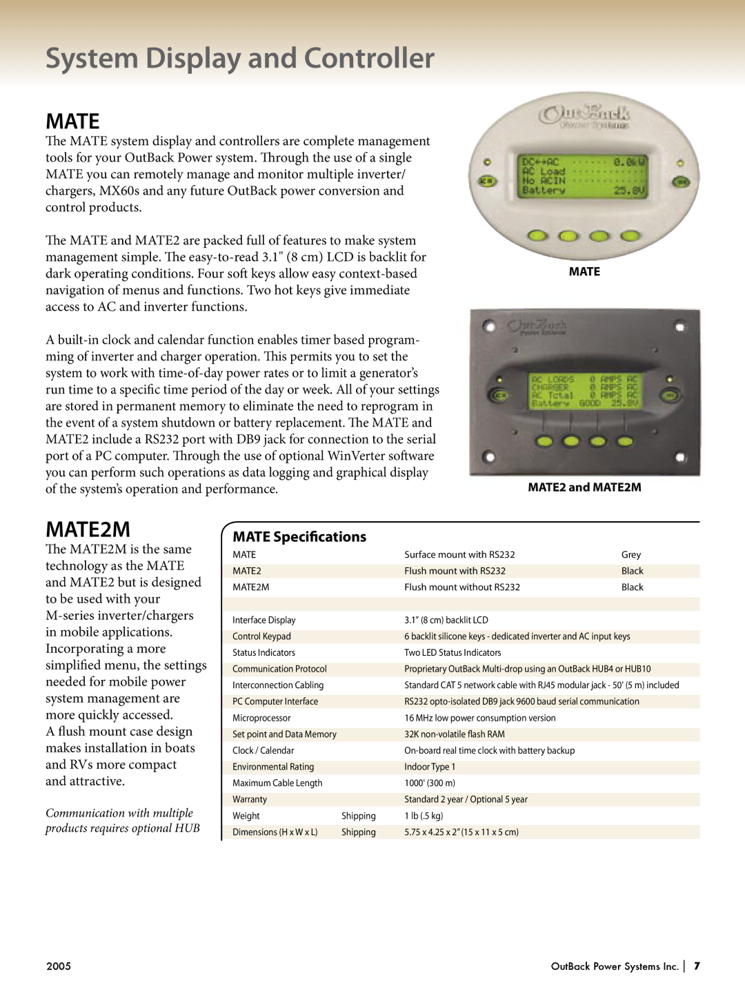 Outback Power Systems Systems manual System Display and Controller, MATE2M, Mate Speciﬁcations 