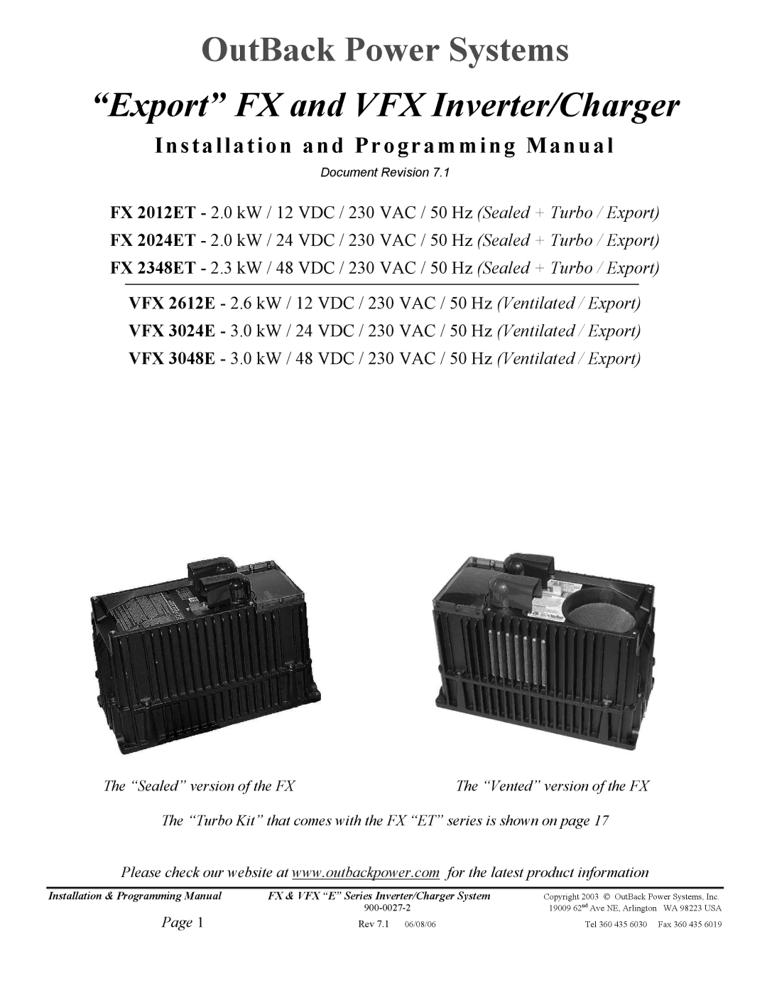 Outback Power Systems VFX3048E, VFX3024E manual Export FX and VFX Inverter/Charger, Installation and Programming Manual 