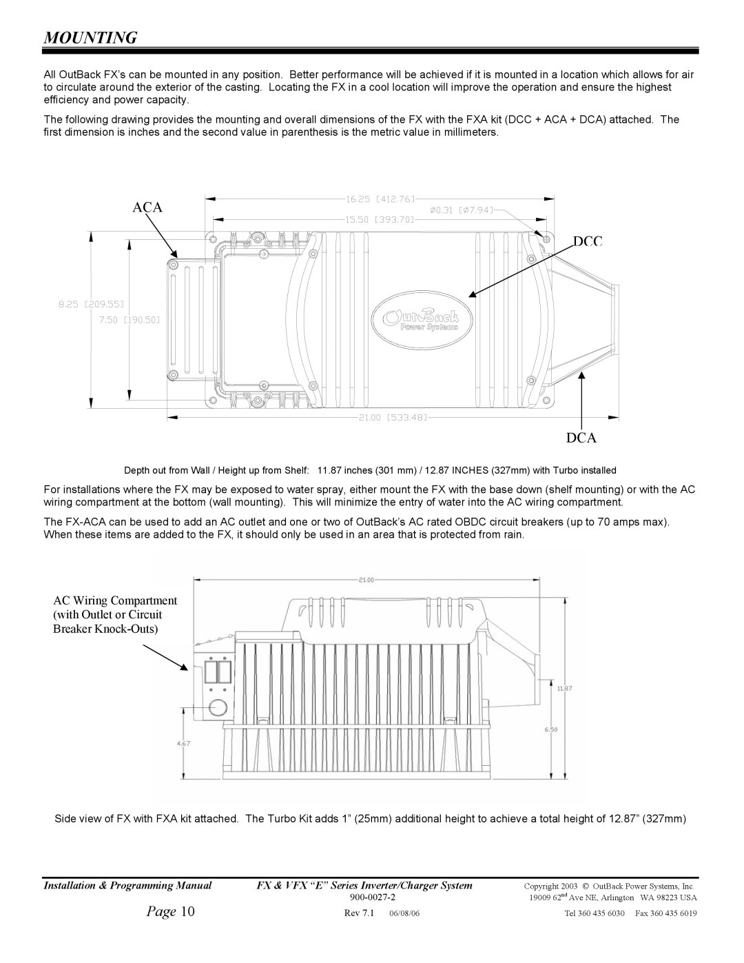 Outback Power Systems FX2348ET, VFX3024E, VFX3048E, VFX2612E, FX2024ET, FX2012ET manual Mounting, Aca Dcc Dca 