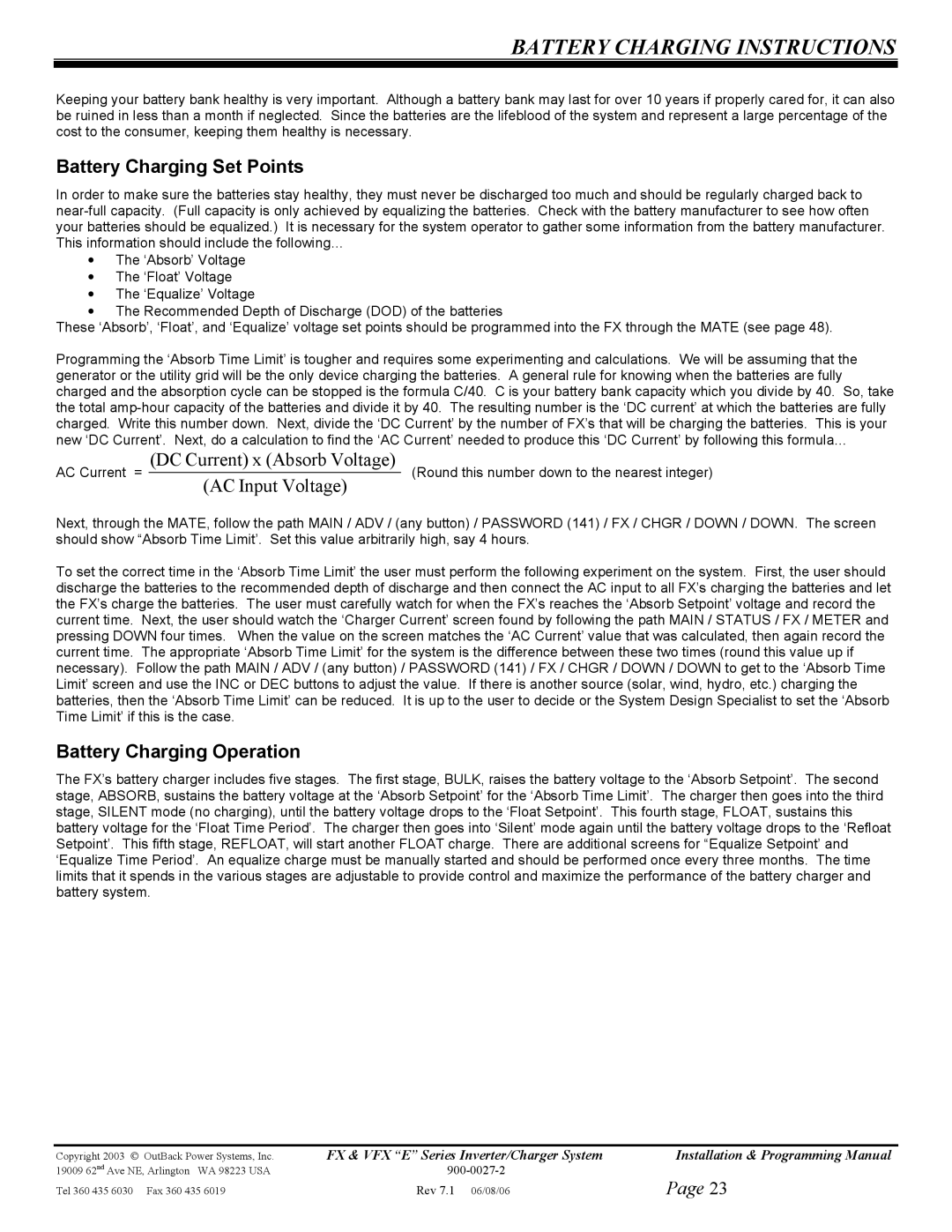 Outback Power Systems FX2012ET, VFX3024E, VFX3048E, VFX2612E manual Battery Charging Instructions, Battery Charging Set Points 