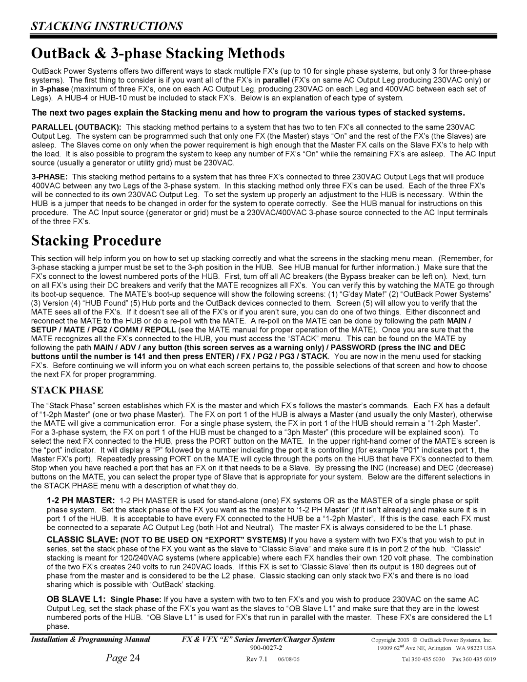 Outback Power Systems VFX3024E OutBack & 3-phase Stacking Methods, Stacking Procedure, Stacking Instructions, Stack Phase 