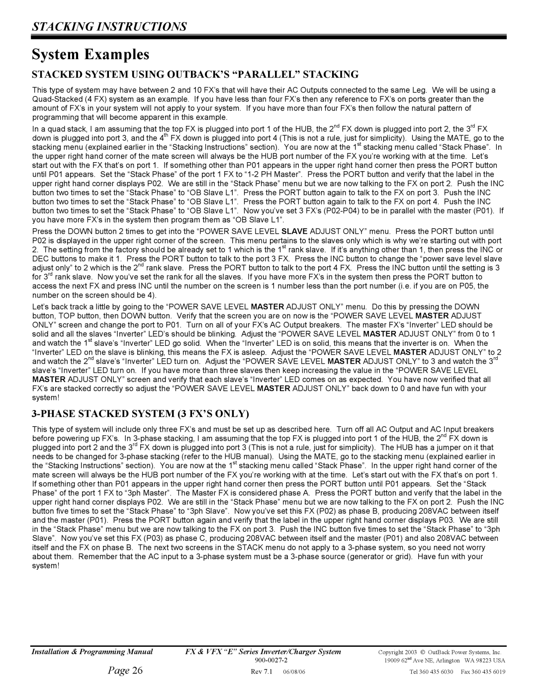 Outback Power Systems VFX2612E, VFX3024E, VFX3048E manual System Examples, Stacked System Using OUTBACK’S Parallel Stacking 