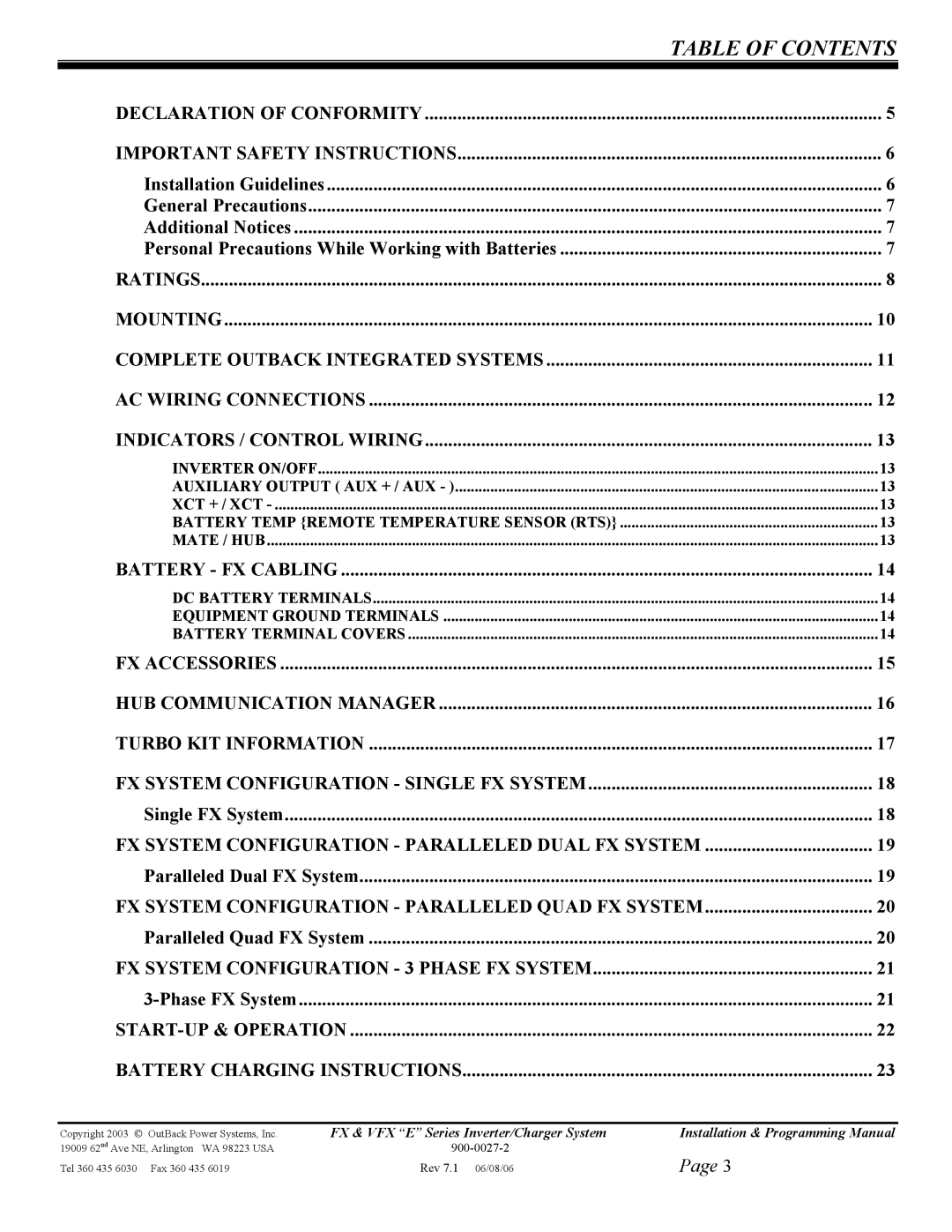 Outback Power Systems FX2024ET, VFX3024E, VFX3048E, VFX2612E, FX2348ET, FX2012ET manual Table of Contents 