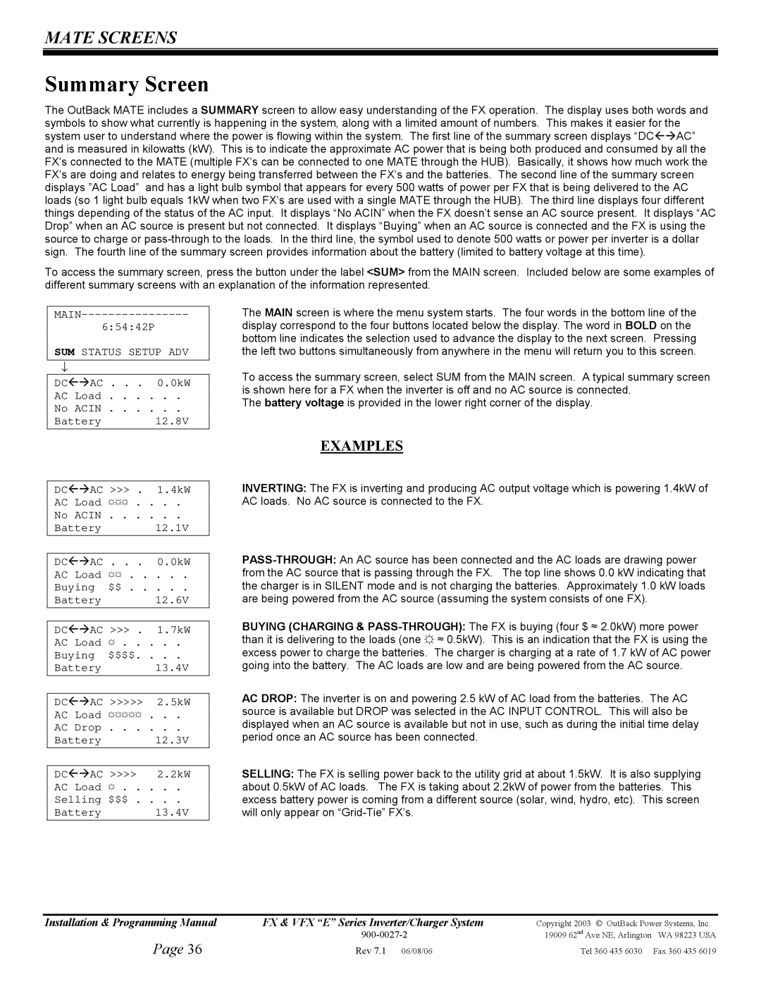 Outback Power Systems VFX3024E, VFX3048E, VFX2612E, FX2024ET Summary Screen, Mate Screens, Examples, SUM Status Setup ADV 