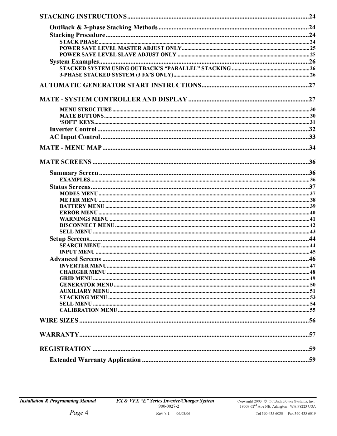 Outback Power Systems FX2348ET, VFX3024E, VFX3048E Stacking Instructions, Mate Screens, Wire Sizes Warranty Registration 