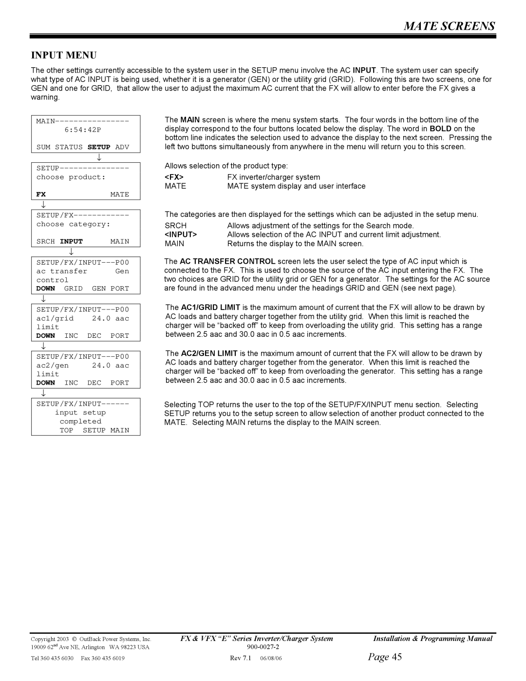 Outback Power Systems FX2024ET, VFX3024E, VFX3048E, VFX2612E manual Input Menu, Srch Input Main, INC DEC Port SETUP/FX/INPUT 