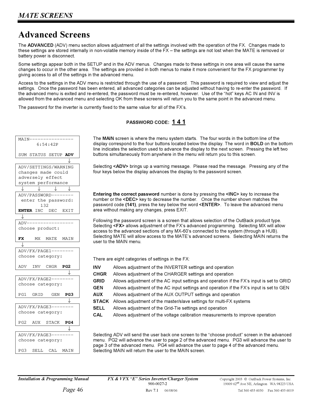 Outback Power Systems FX2348ET, VFX3024E, VFX3048E, VFX2612E, FX2024ET, FX2012ET Advanced Screens, PG2, PG4, Password Code 1 4 