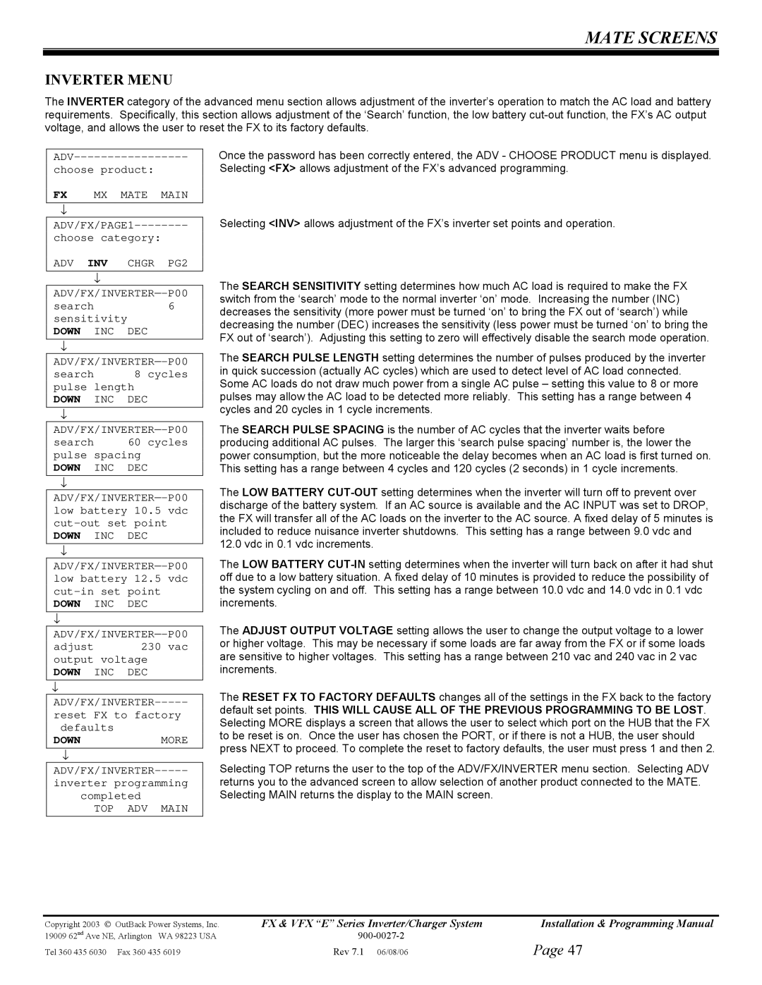 Outback Power Systems FX2012ET, VFX3024E, VFX3048E, VFX2612E, FX2024ET, FX2348ET manual Inverter Menu, Downmore 