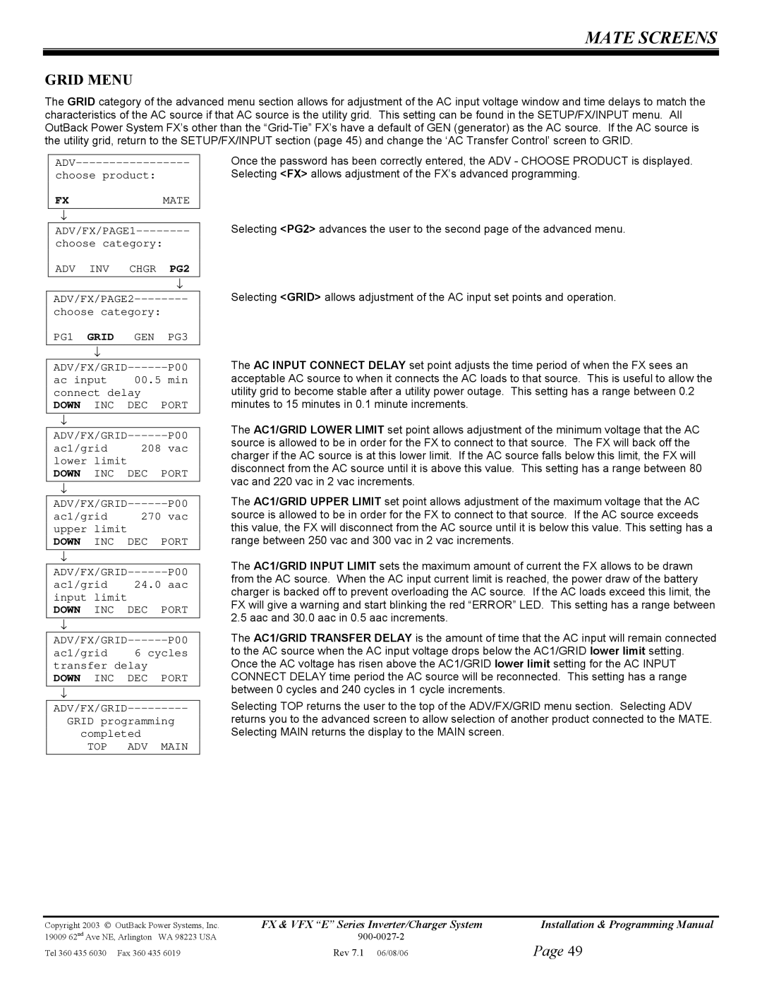 Outback Power Systems VFX3048E, VFX3024E, VFX2612E, FX2024ET Grid Menu, PG1, GEN PG3 ADV/FX/GRID, INC DEC Port ADV/FX/GRID 