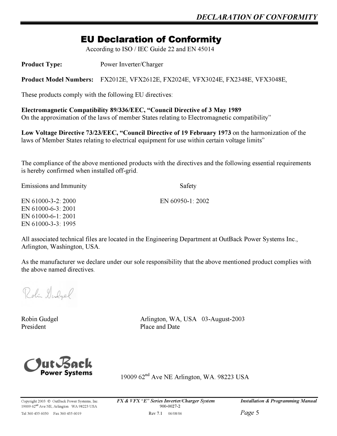 Outback Power Systems FX2012ET, VFX3024E, VFX3048E, VFX2612E, FX2024ET, FX2348ET manual EU Declaration of Conformity 