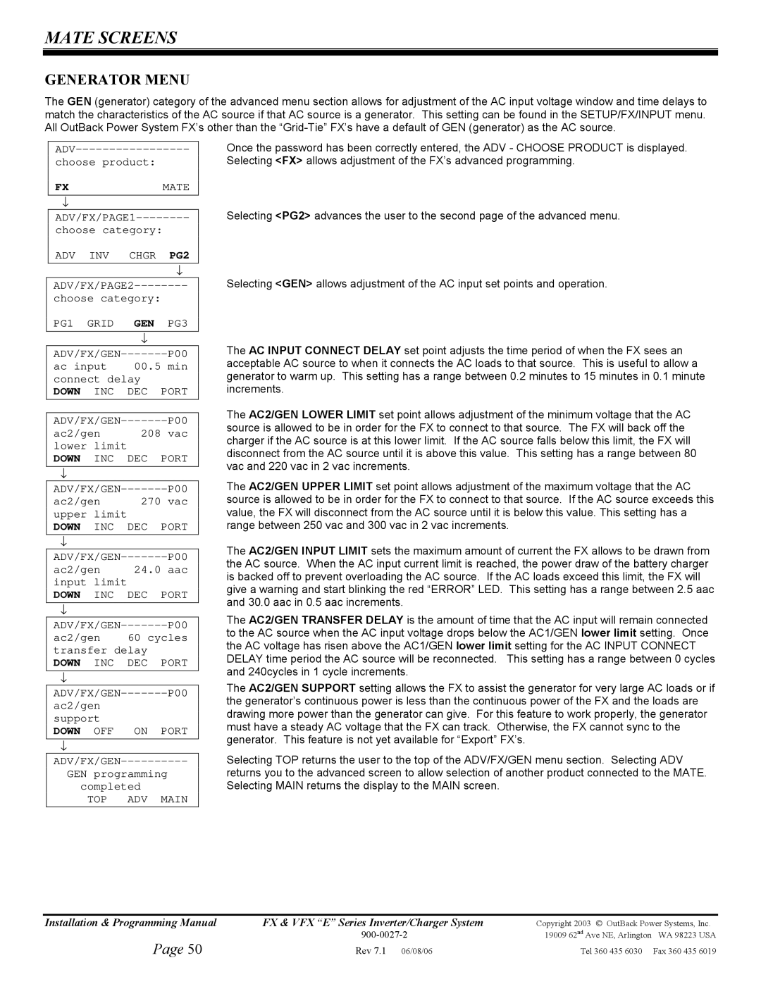 Outback Power Systems VFX2612E, VFX3024E, VFX3048E, FX2024ET, FX2348ET, FX2012ET manual Generator Menu, PG1 Grid, OFF Port 