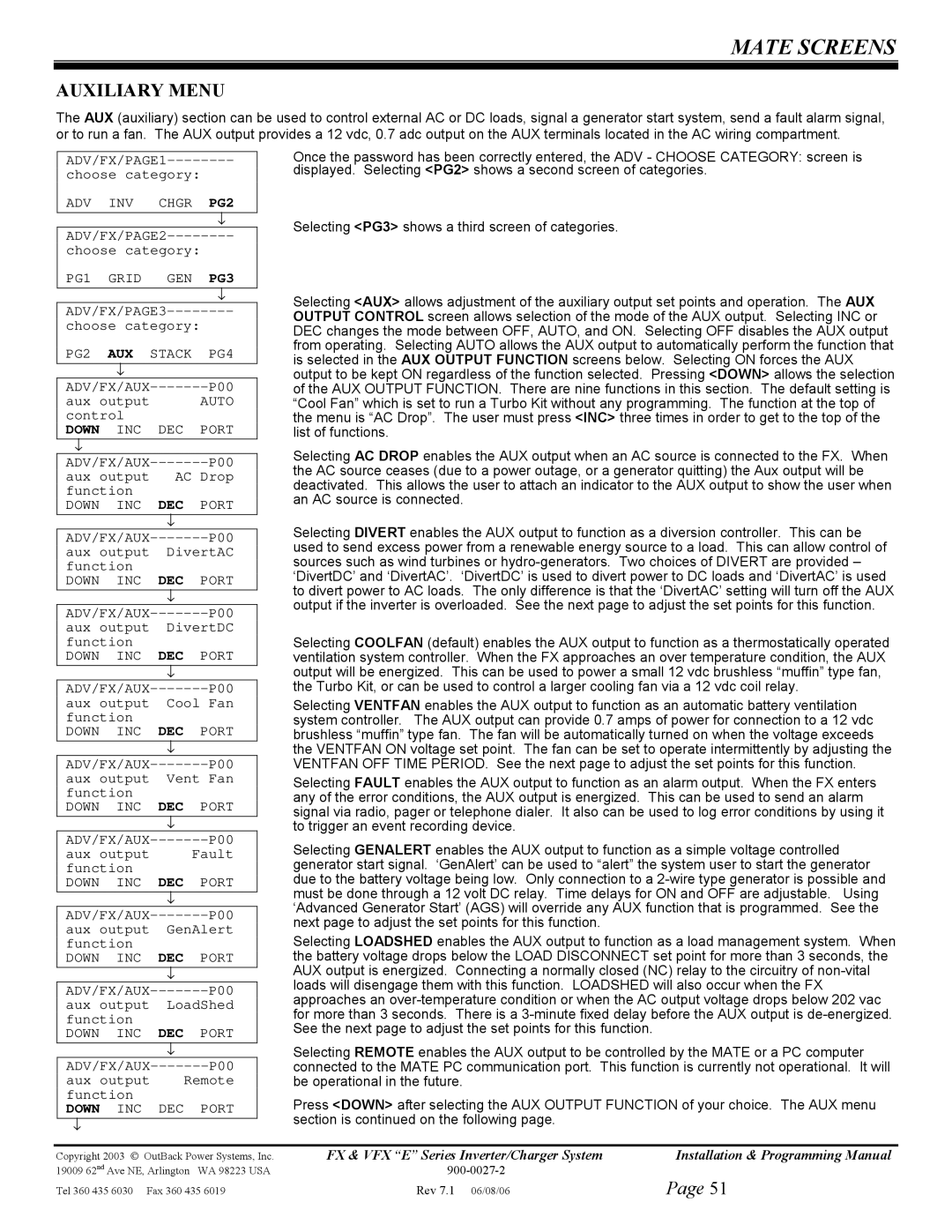 Outback Power Systems FX2024ET, VFX3024E, VFX3048E manual Auxiliary Menu, ADV INV Chgr PG2, PG2 AUX Stack PG4, Down INC Port 