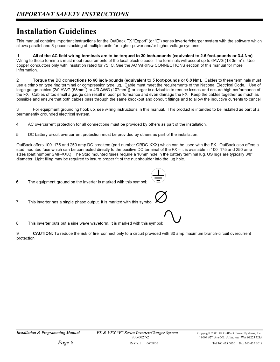 Outback Power Systems VFX3024E, VFX3048E, VFX2612E, FX2024ET, FX2348ET Installation Guidelines, Important Safety Instructions 