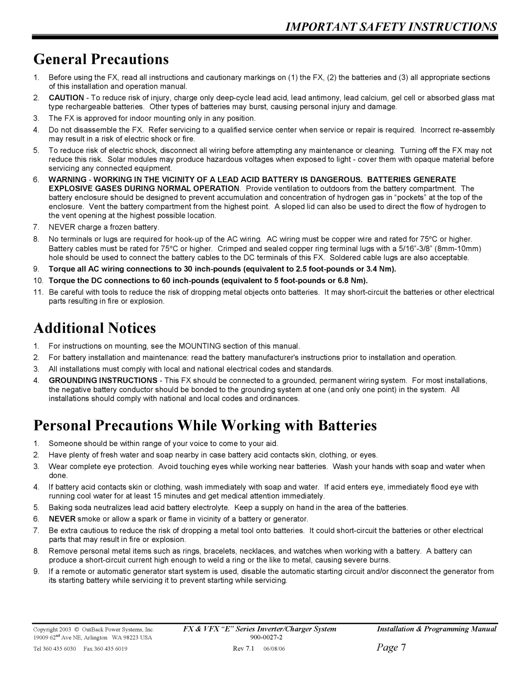 Outback Power Systems VFX3048E General Precautions, Additional Notices, Personal Precautions While Working with Batteries 