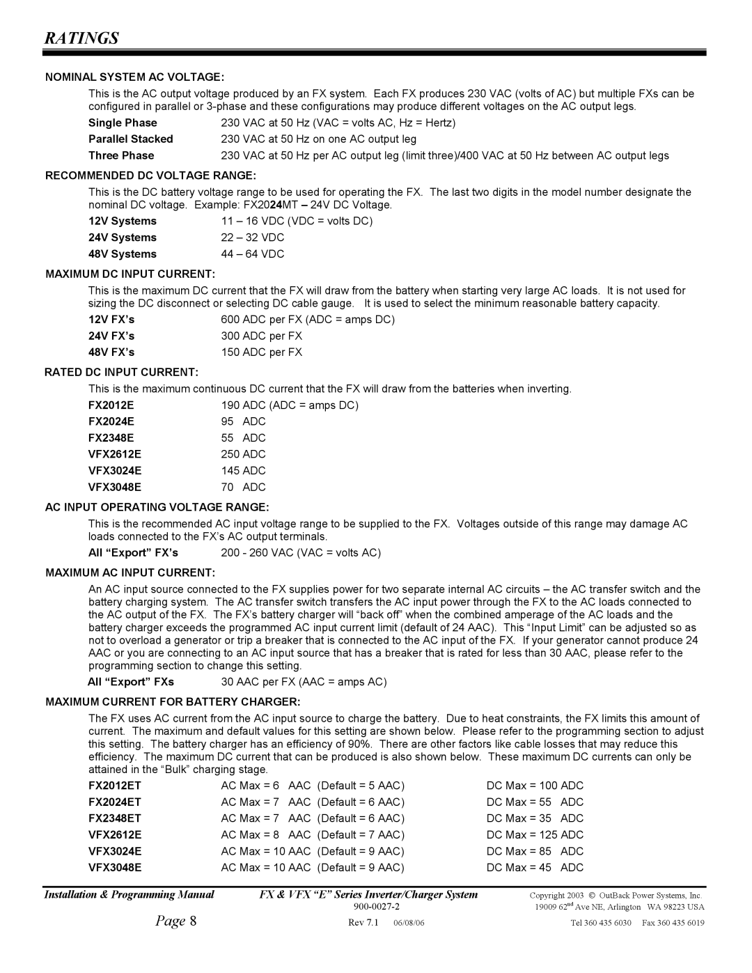 Outback Power Systems VFX2612E, VFX3024E, VFX3048E, FX2024ET, FX2348ET, FX2012ET manual Ratings 