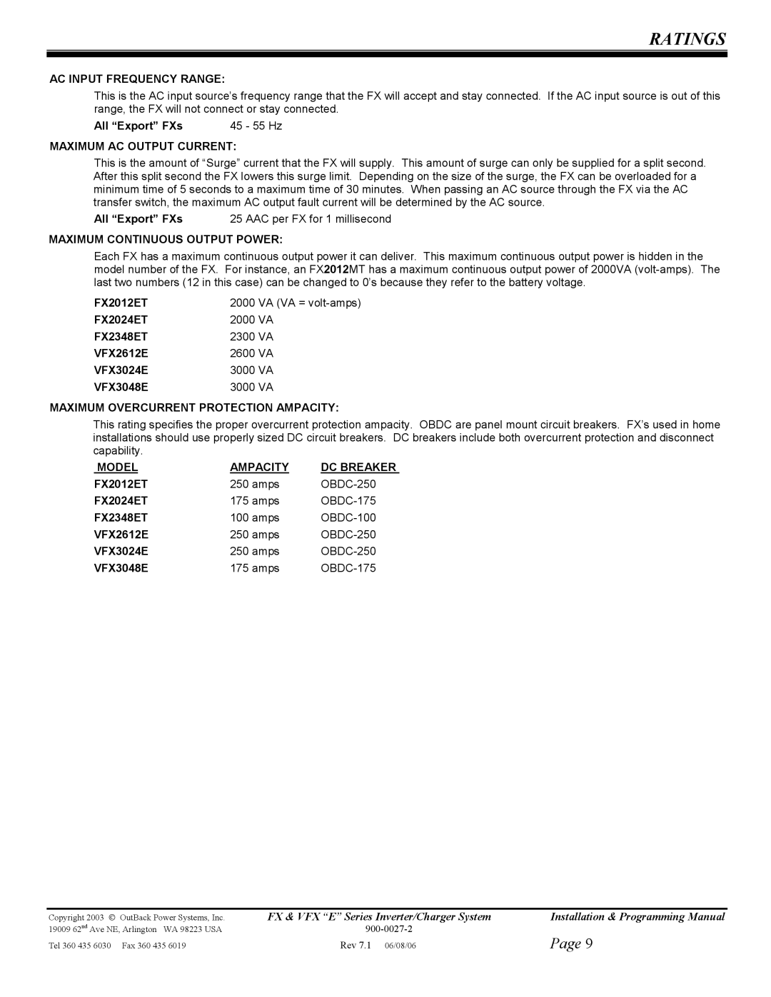 Outback Power Systems FX2024ET manual AC Input Frequency Range, Maximum AC Output Current, Maximum Continuous Output Power 