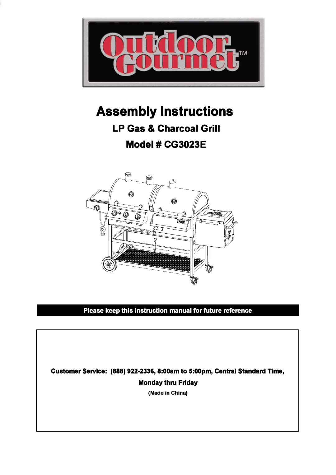 Outdoor Gourmet CG3023E instruction manual Assembly Instructions 