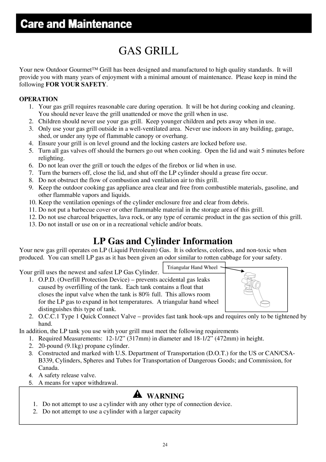 Outdoor Gourmet CG3023E instruction manual GAS Grill, Operation 