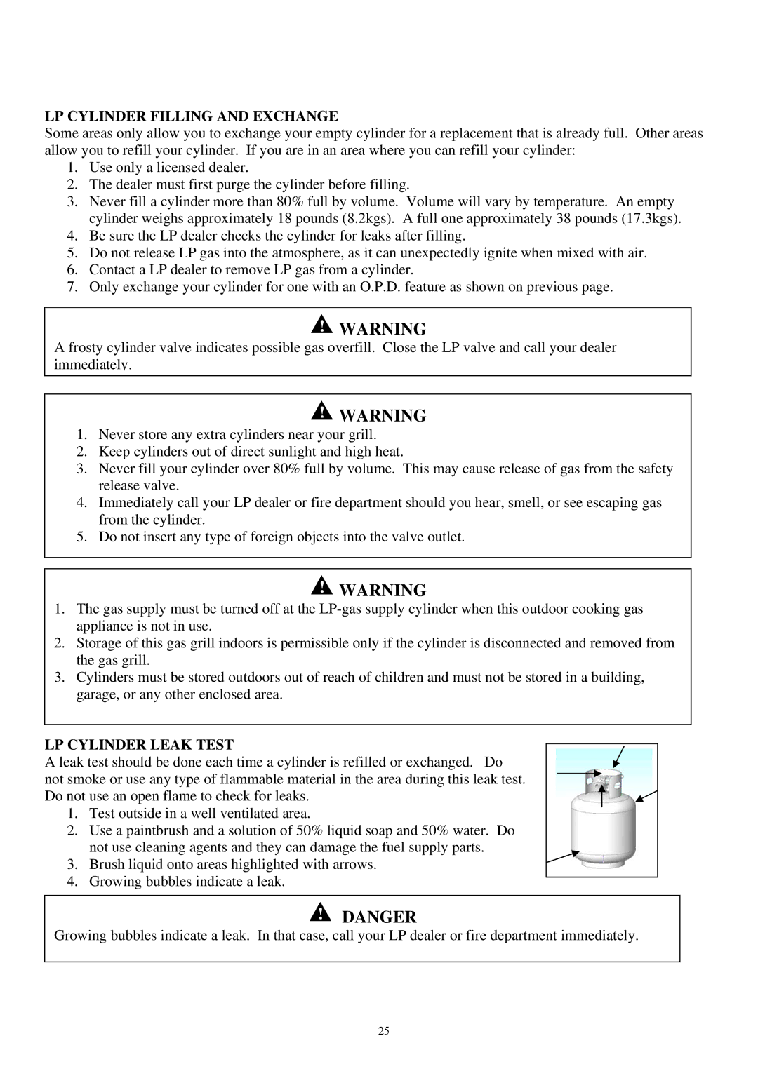 Outdoor Gourmet CG3023E instruction manual LP Cylinder Filling and Exchange, LP Cylinder Leak Test 