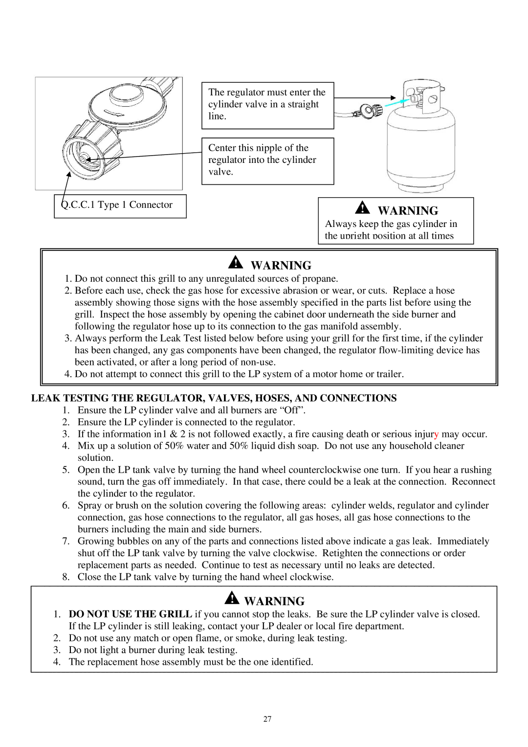 Outdoor Gourmet CG3023E instruction manual Leak Testing the REGULATOR, VALVES, HOSES, and Connections 