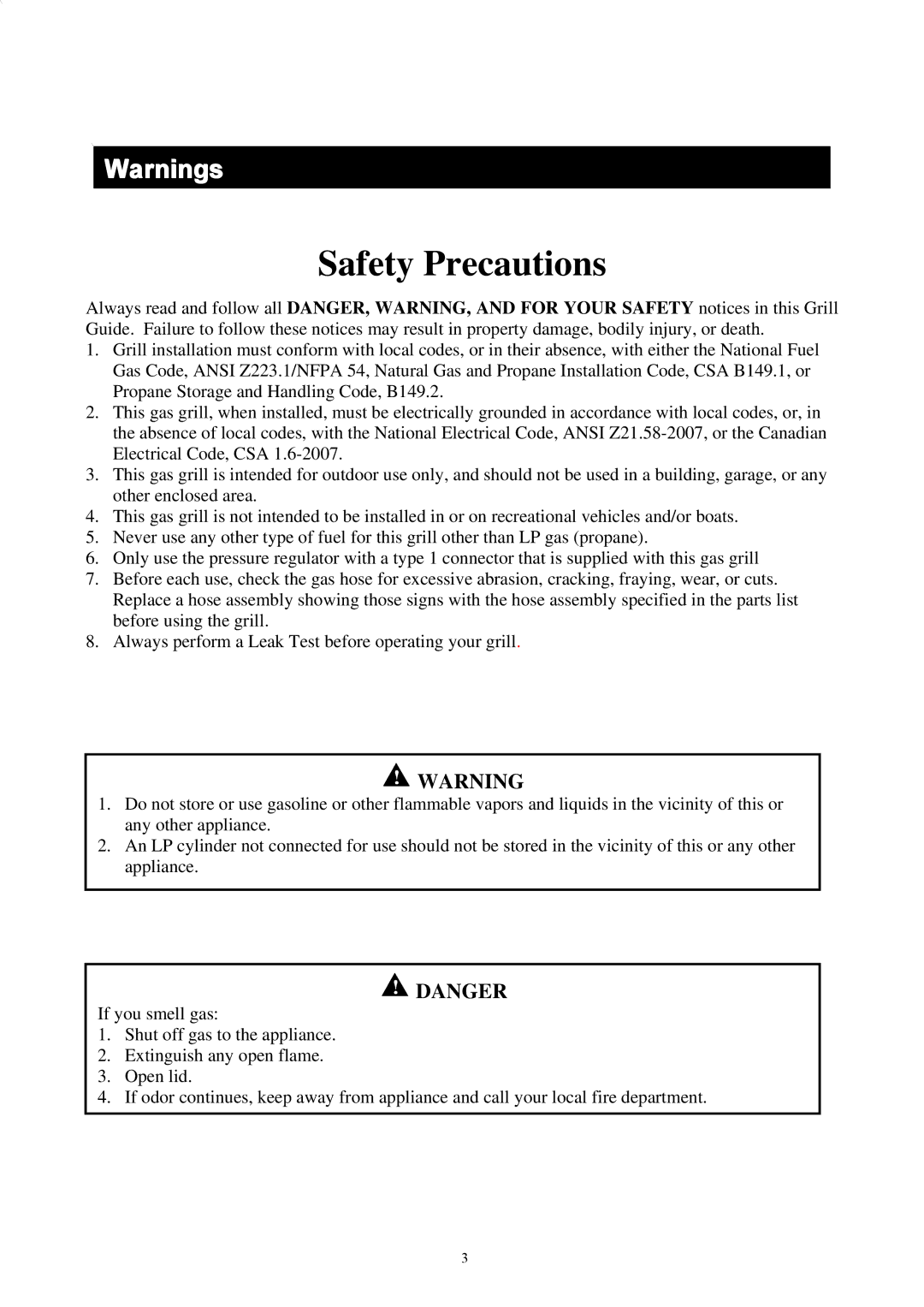 Outdoor Gourmet CG3023E instruction manual Safety Precautions 