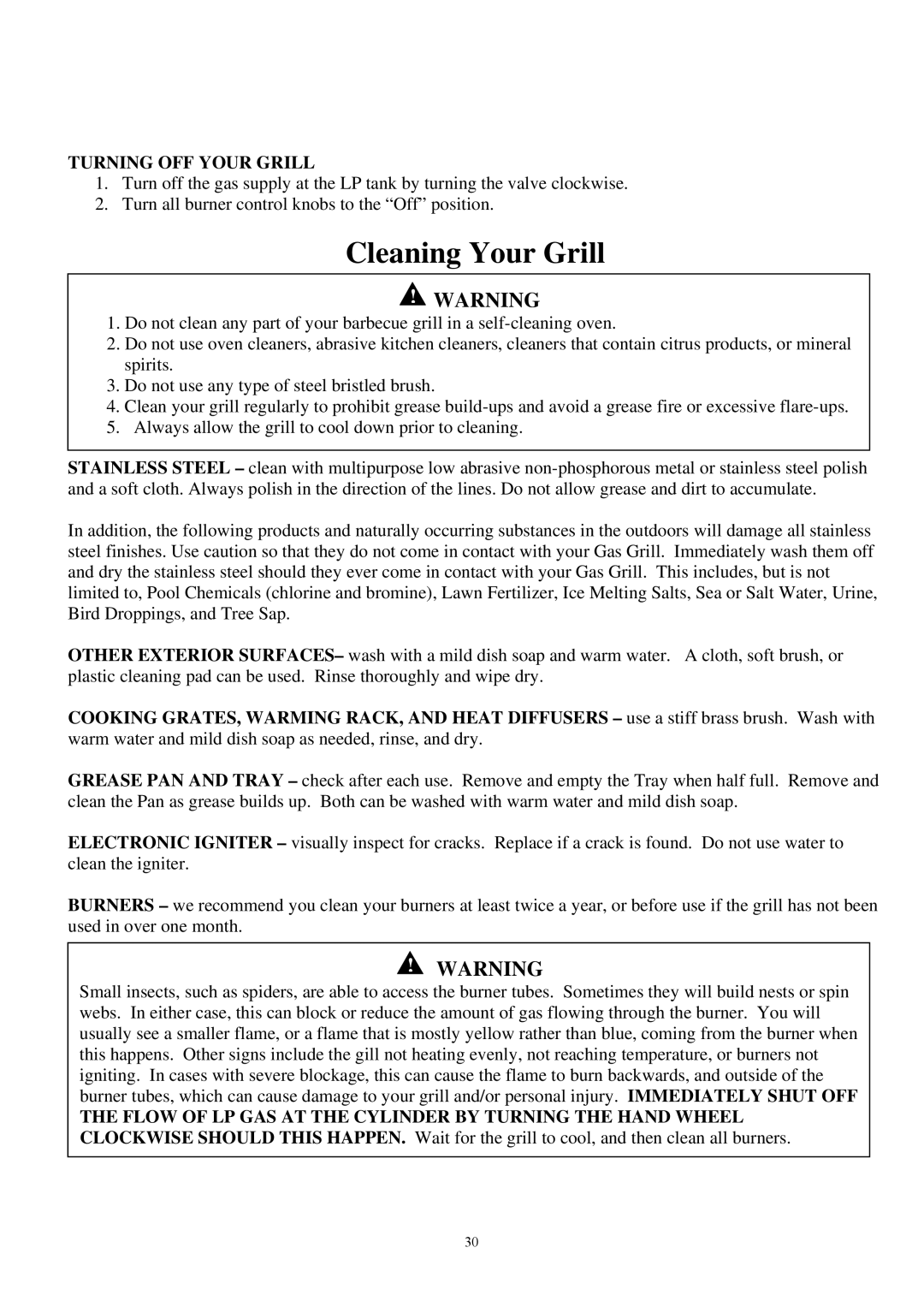 Outdoor Gourmet CG3023E instruction manual Cleaning Your Grill, Turning OFF Your Grill 